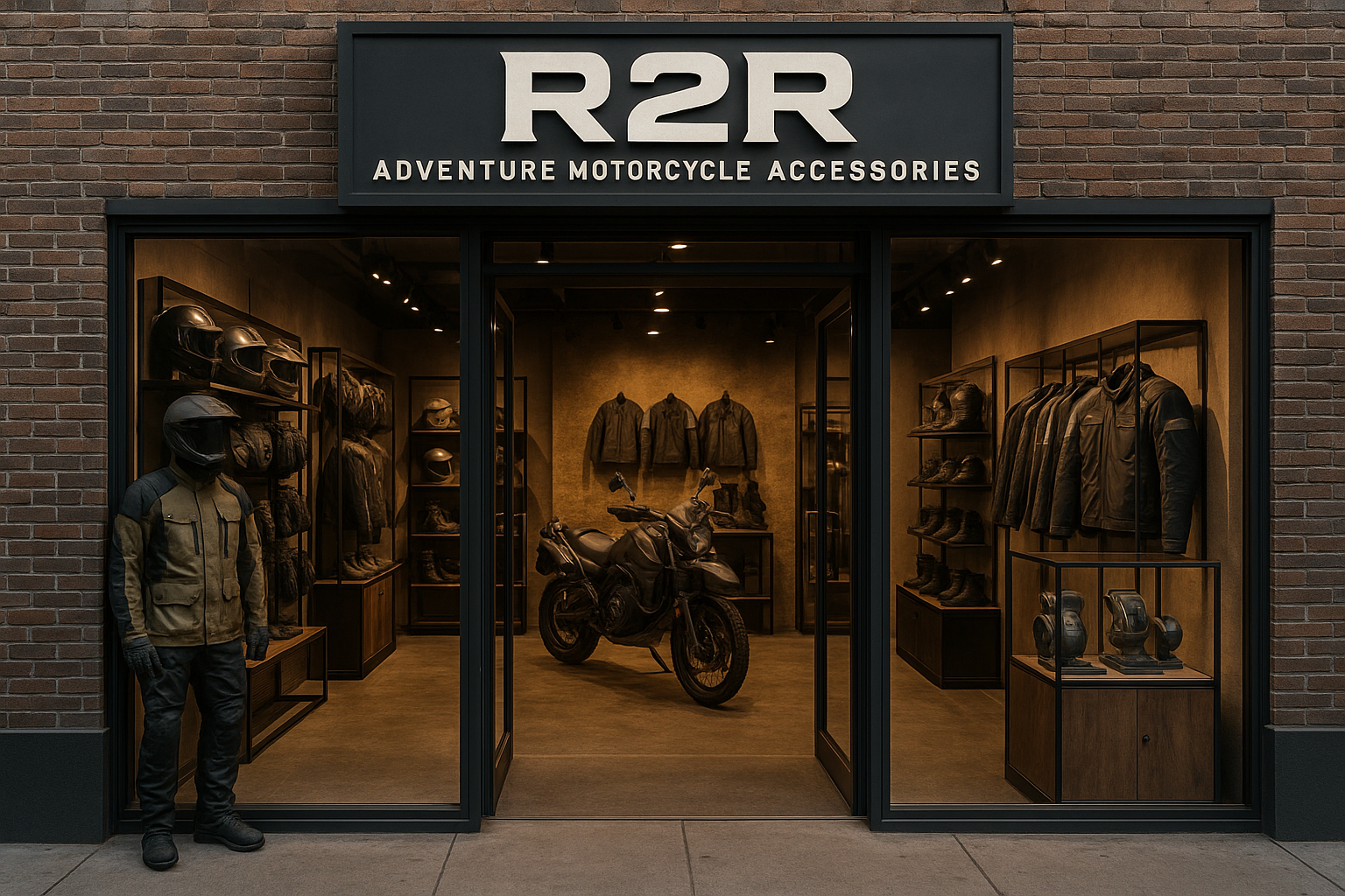genera una imagen de una tienda de accesorios para motociclistas de aventura que contenga: R2R
